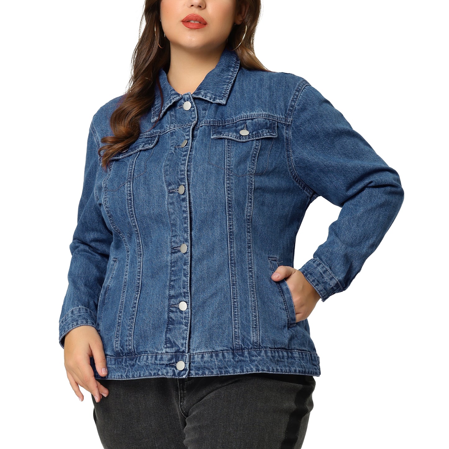 Agnes Orinda Plus Size Stitching Button Front Washed Denim Jacket Denim Blue