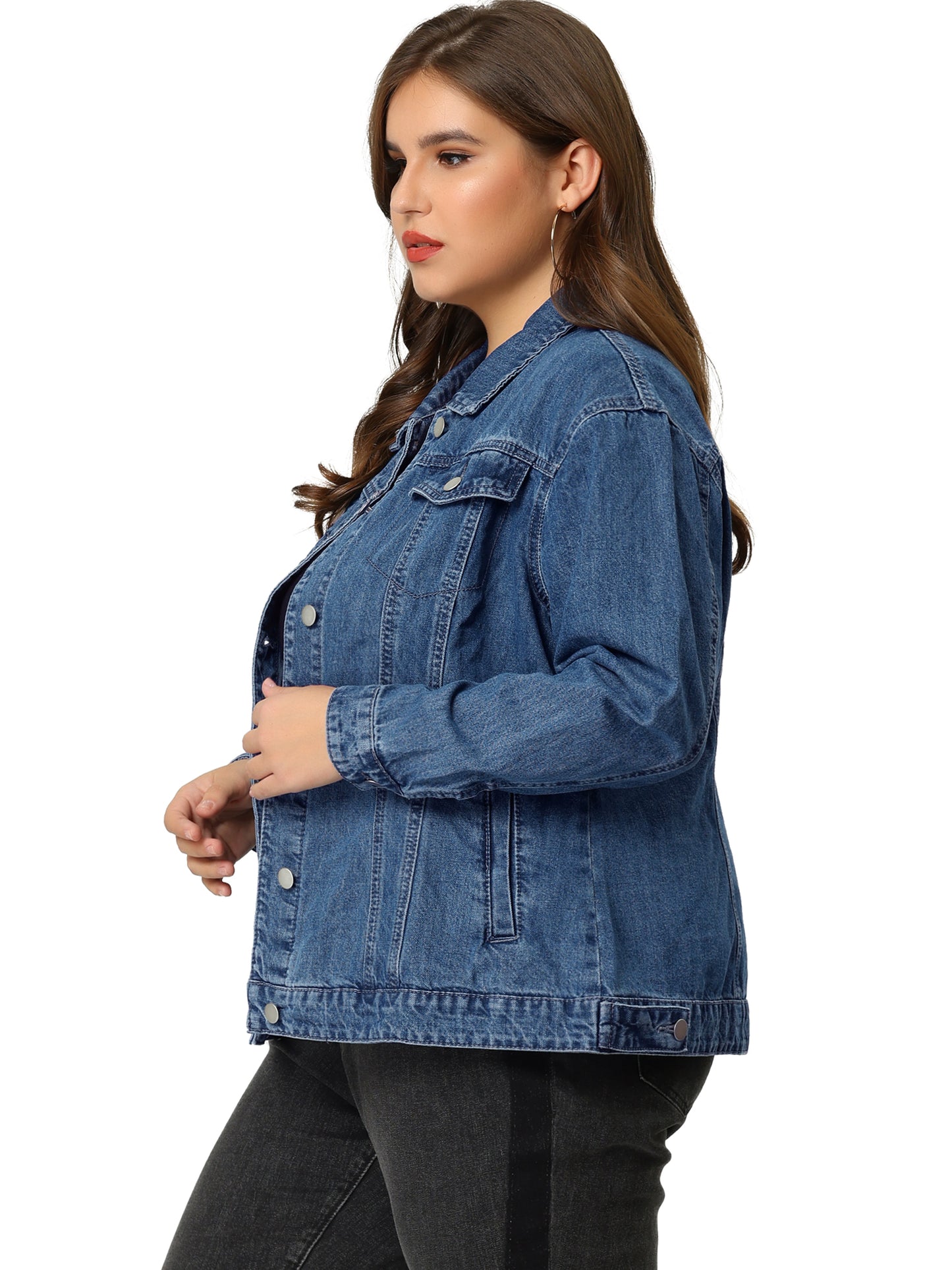 Agnes Orinda Plus Size Stitching Button Front Washed Denim Jacket Denim Blue