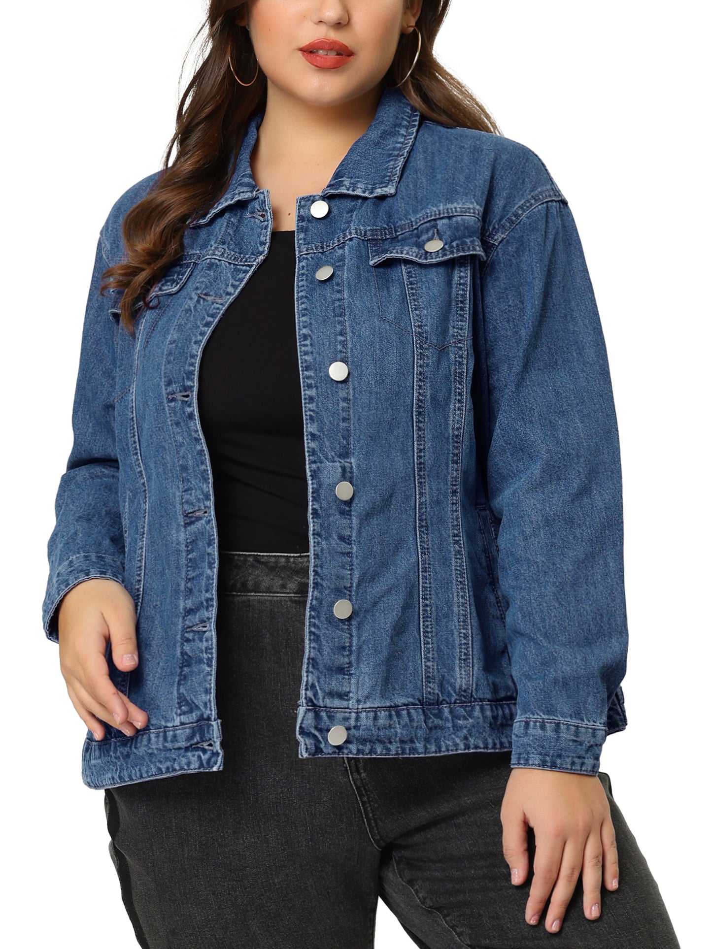 Agnes Orinda Plus Size Stitching Button Front Washed Denim Jacket Denim Blue