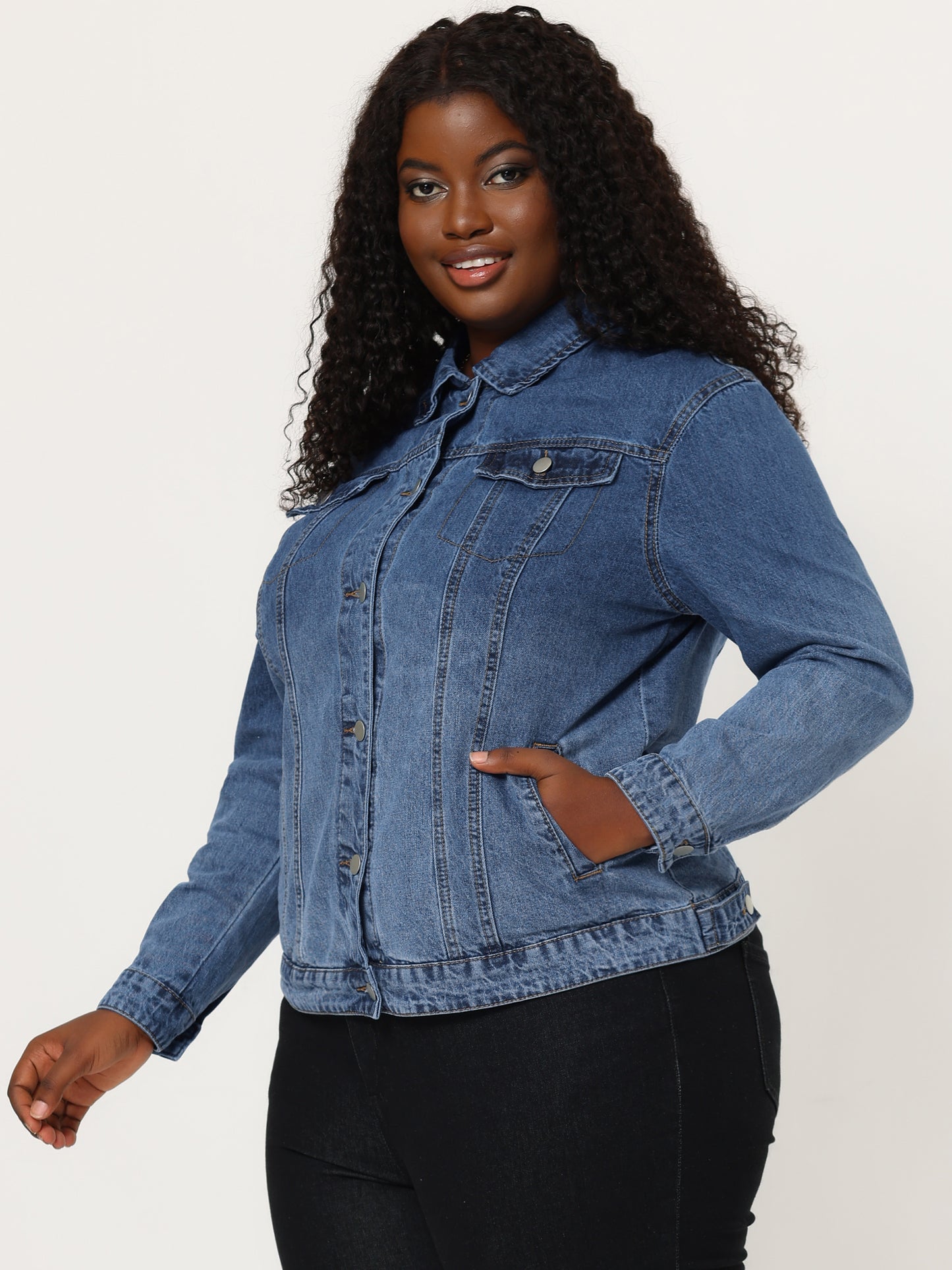 Agnes Orinda Plus Size Stitching Button Front Washed Denim Jacket Gradient Blue