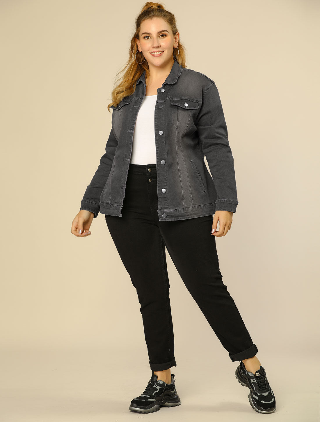 Agnes Orinda Plus Size Stitching Button Front Washed Denim Jacket Grey