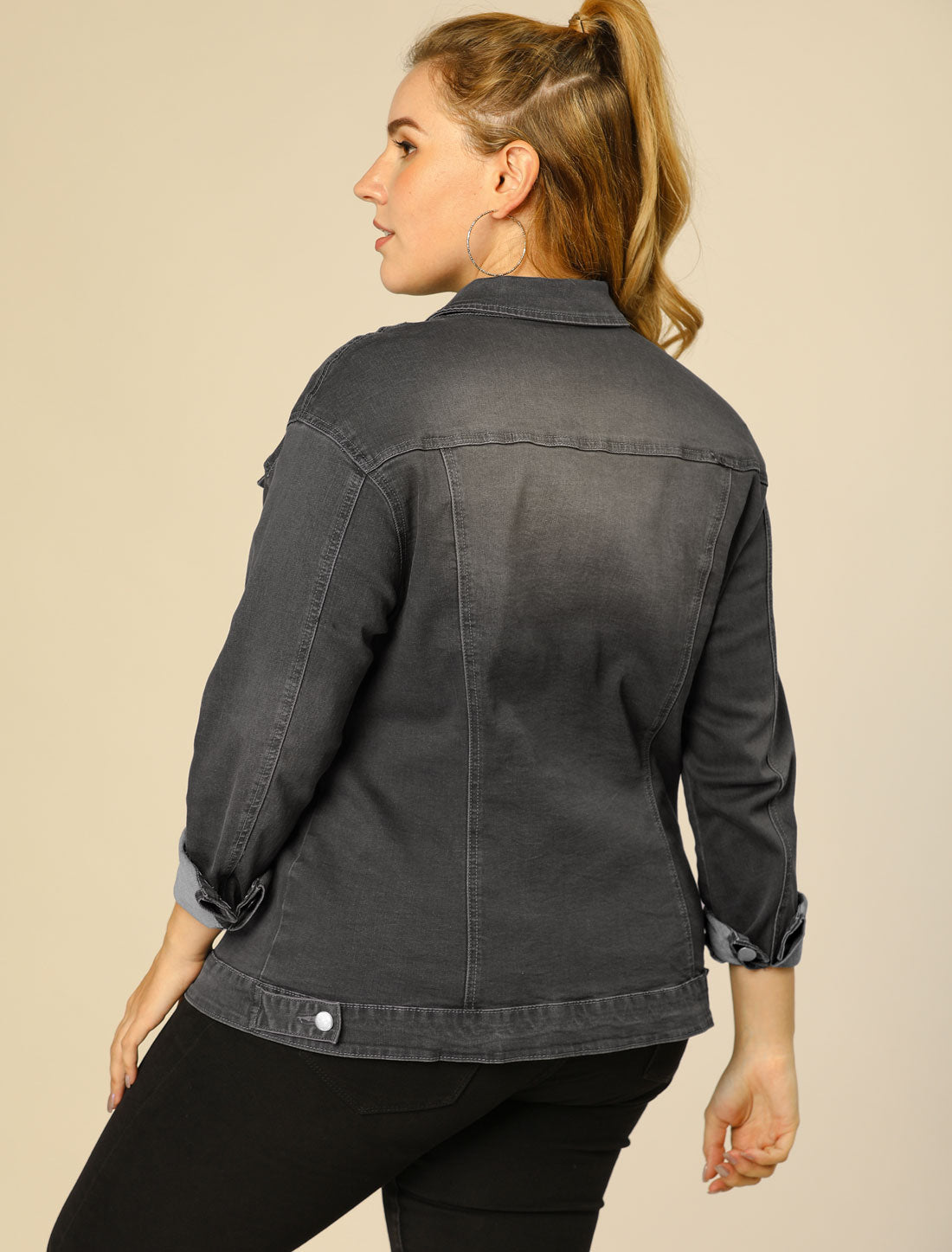 Agnes Orinda Plus Size Stitching Button Front Washed Denim Jacket Grey