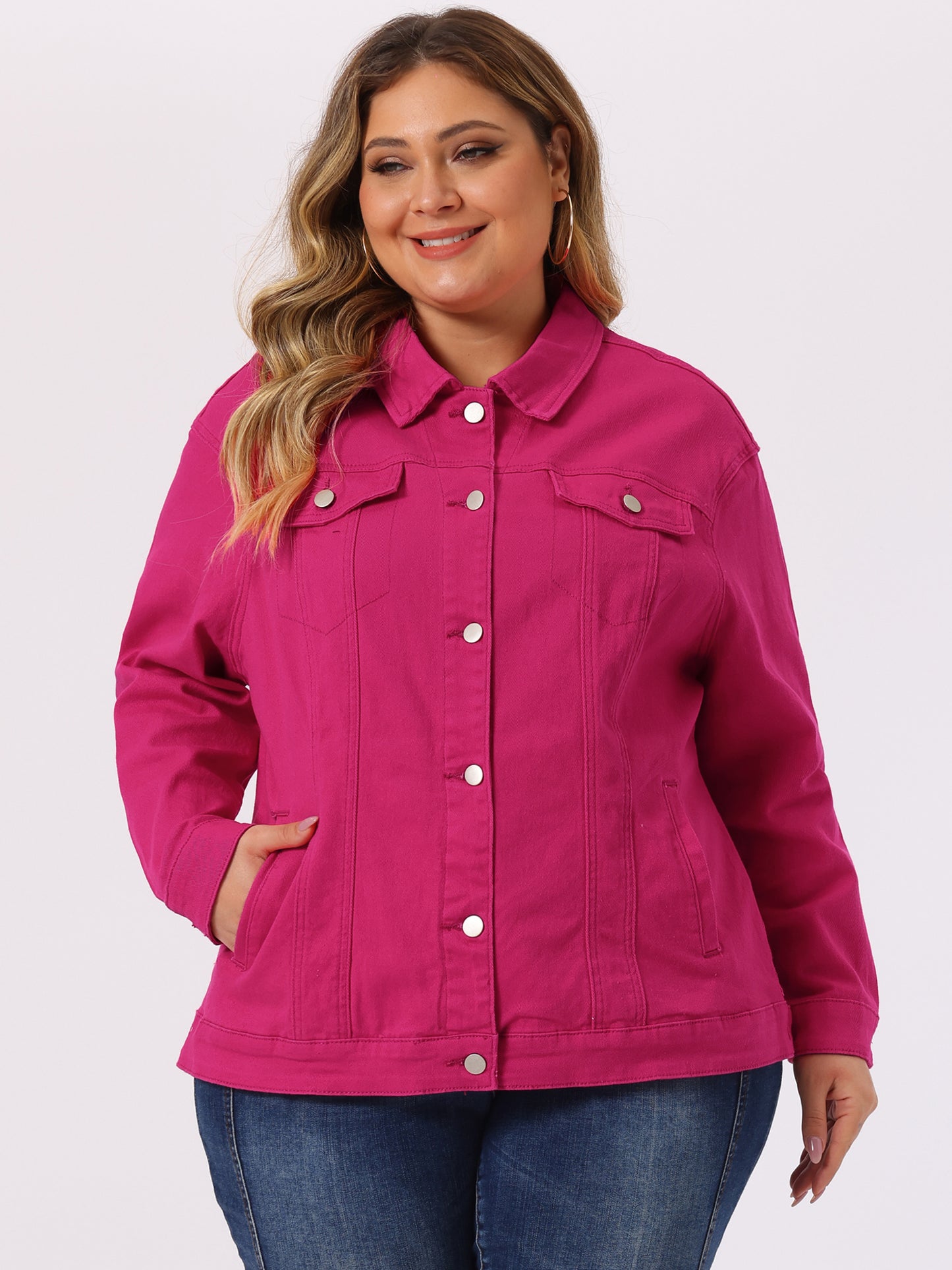Agnes Orinda Plus Size Stitching Button Front Washed Denim Jacket Hot Pink