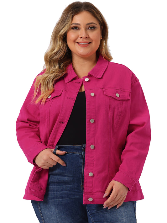 Agnes Orinda Plus Size Stitching Button Front Washed Denim Jacket Hot Pink