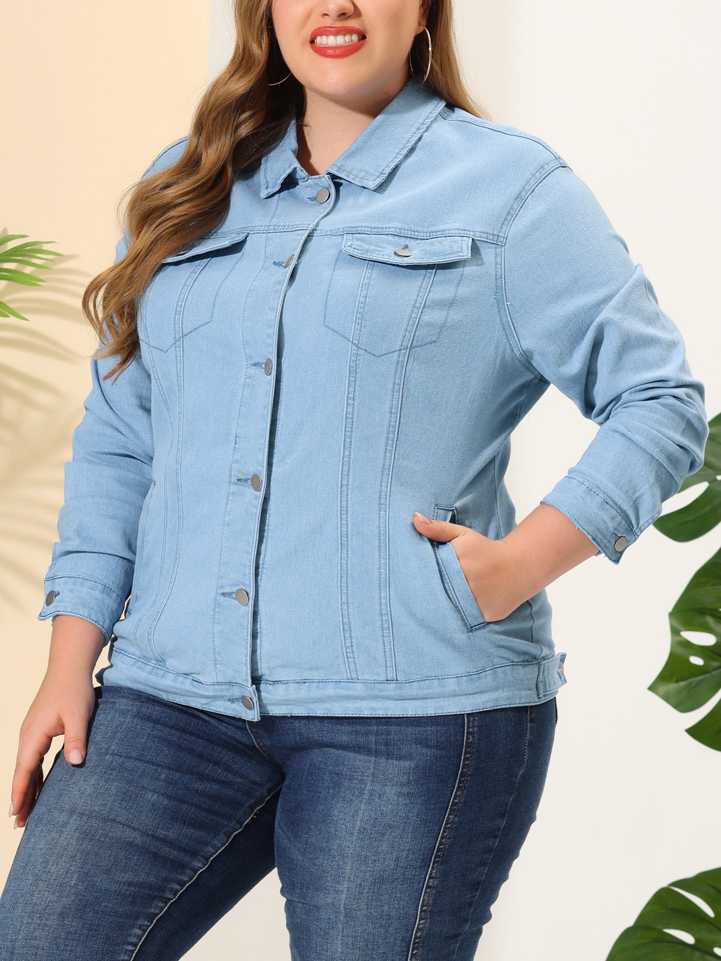 Agnes Orinda Plus Size Stitching Button Front Washed Denim Jacket Ice Blue