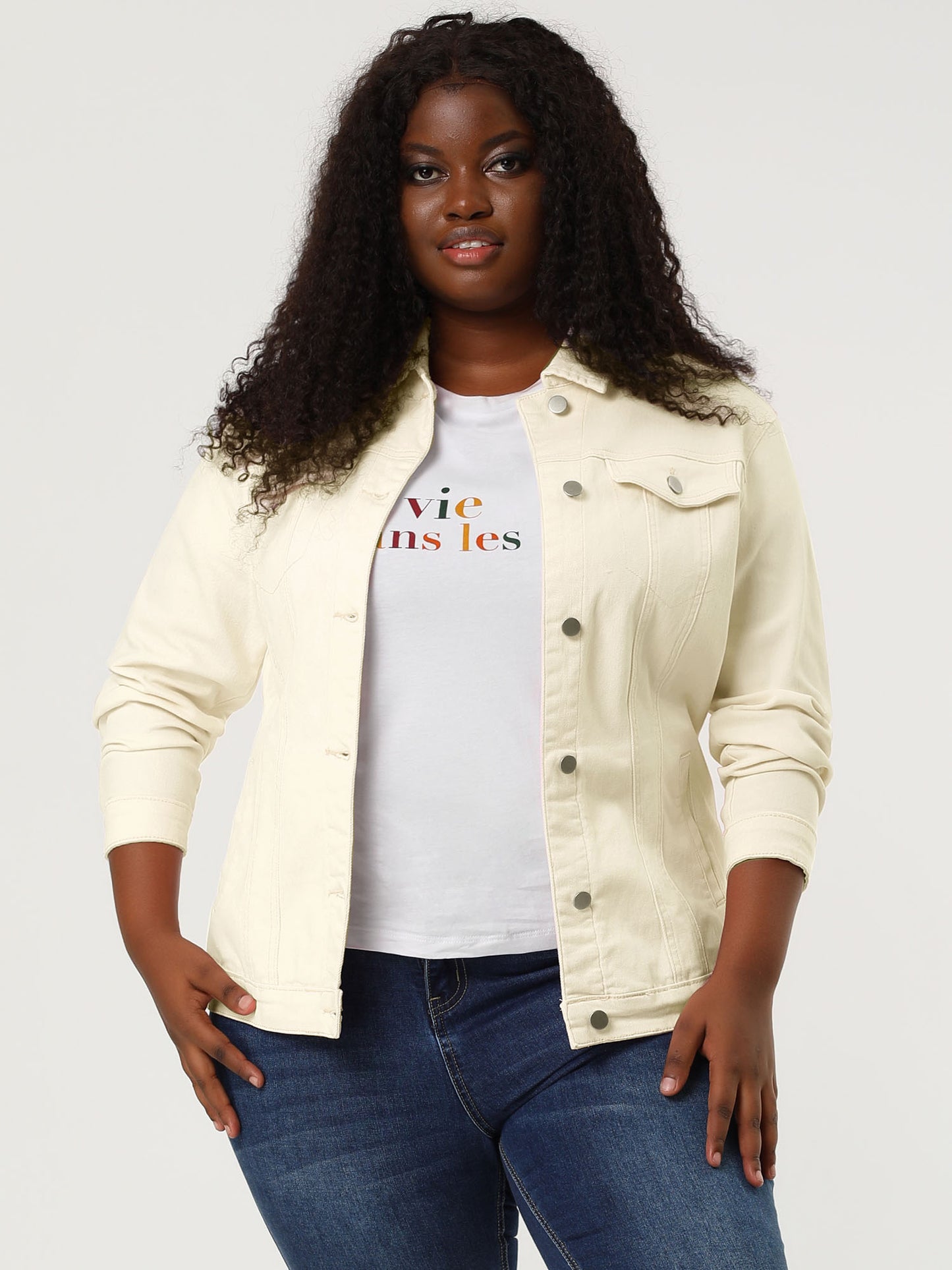 Agnes Orinda Plus Size Stitching Button Front Washed Denim Jacket Light Beige