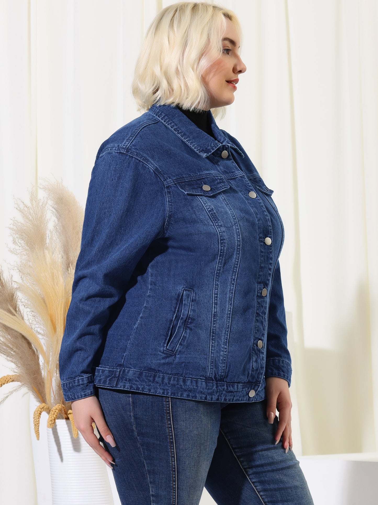 Agnes Orinda Plus Size Stitching Button Front Washed Denim Jacket Mid Blue