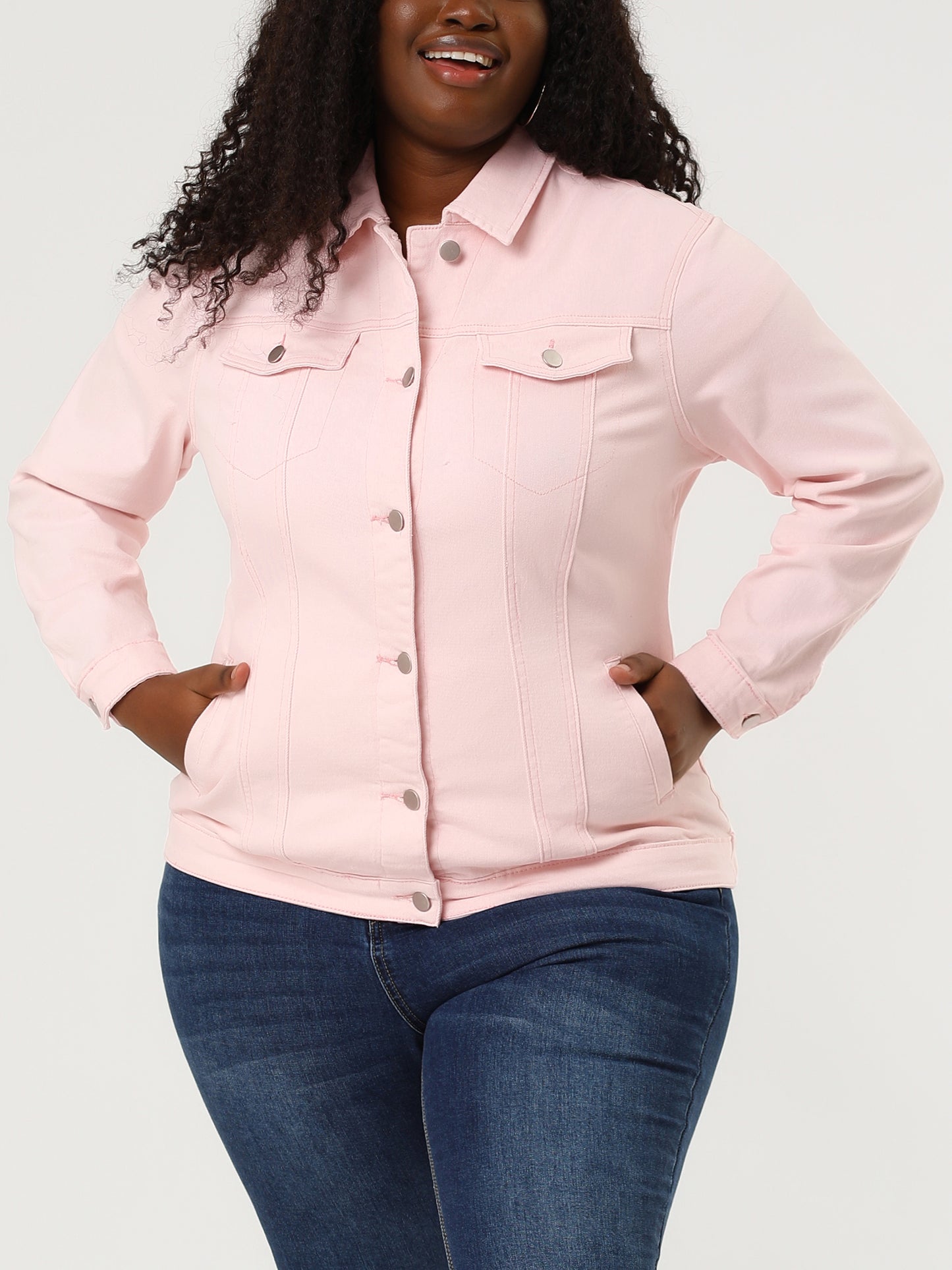 Agnes Orinda Plus Size Stitching Button Front Washed Denim Jacket Pink