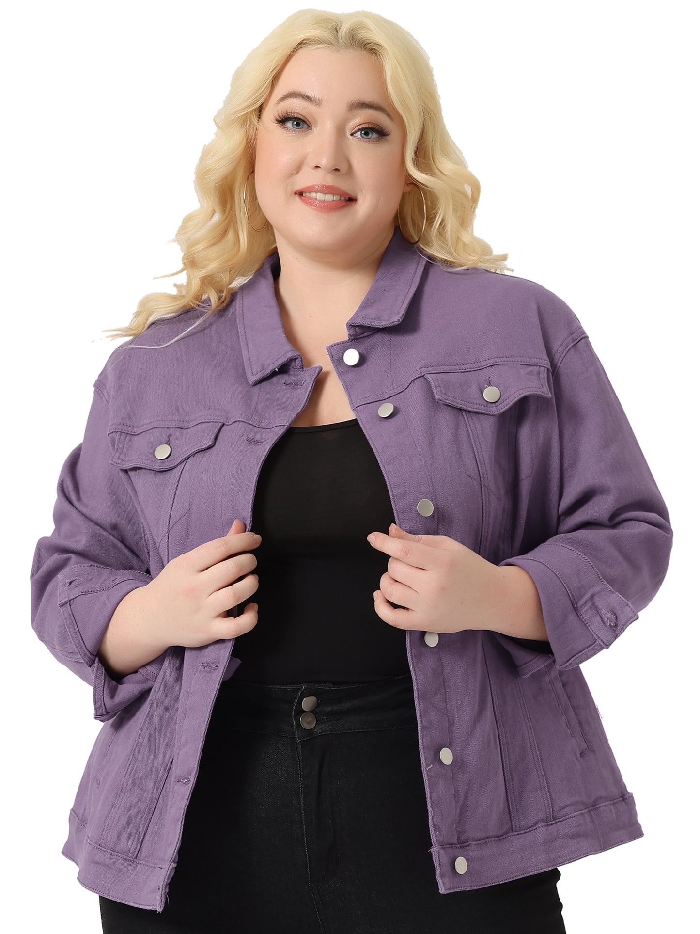 Agnes Orinda Plus Size Stitching Button Front Washed Denim Purple