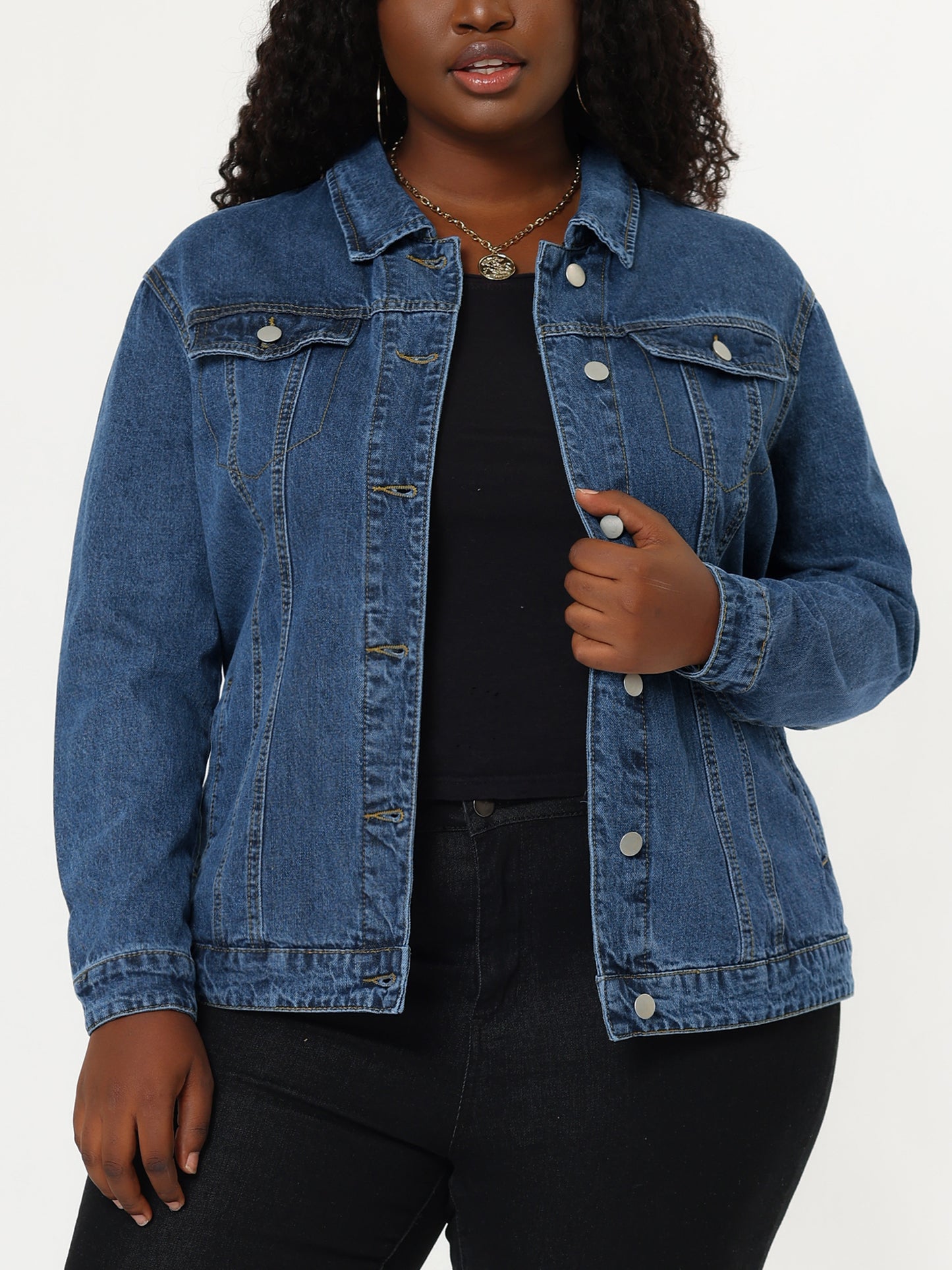 Agnes Orinda Plus Size Stitching Button Front Washed Denim Jacket Snow Blue