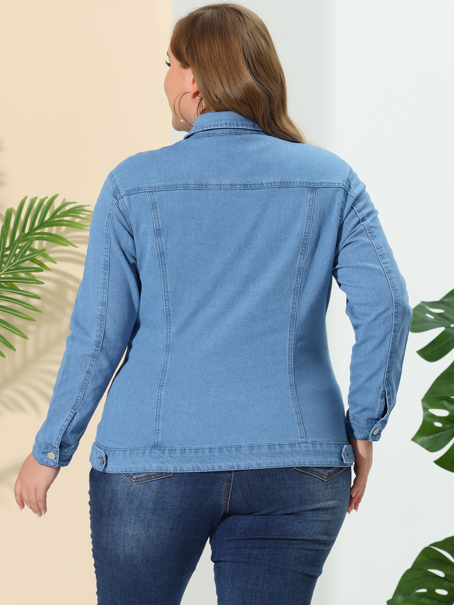 Agnes Orinda Plus Size Stitching Button Front Washed Denim Jacket Vintage Blue