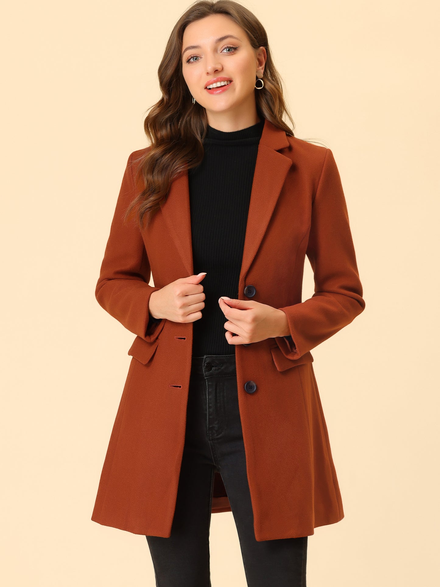 Allegra K Notched Lapel Single Breasted Outwear Winter Coat Brick Red