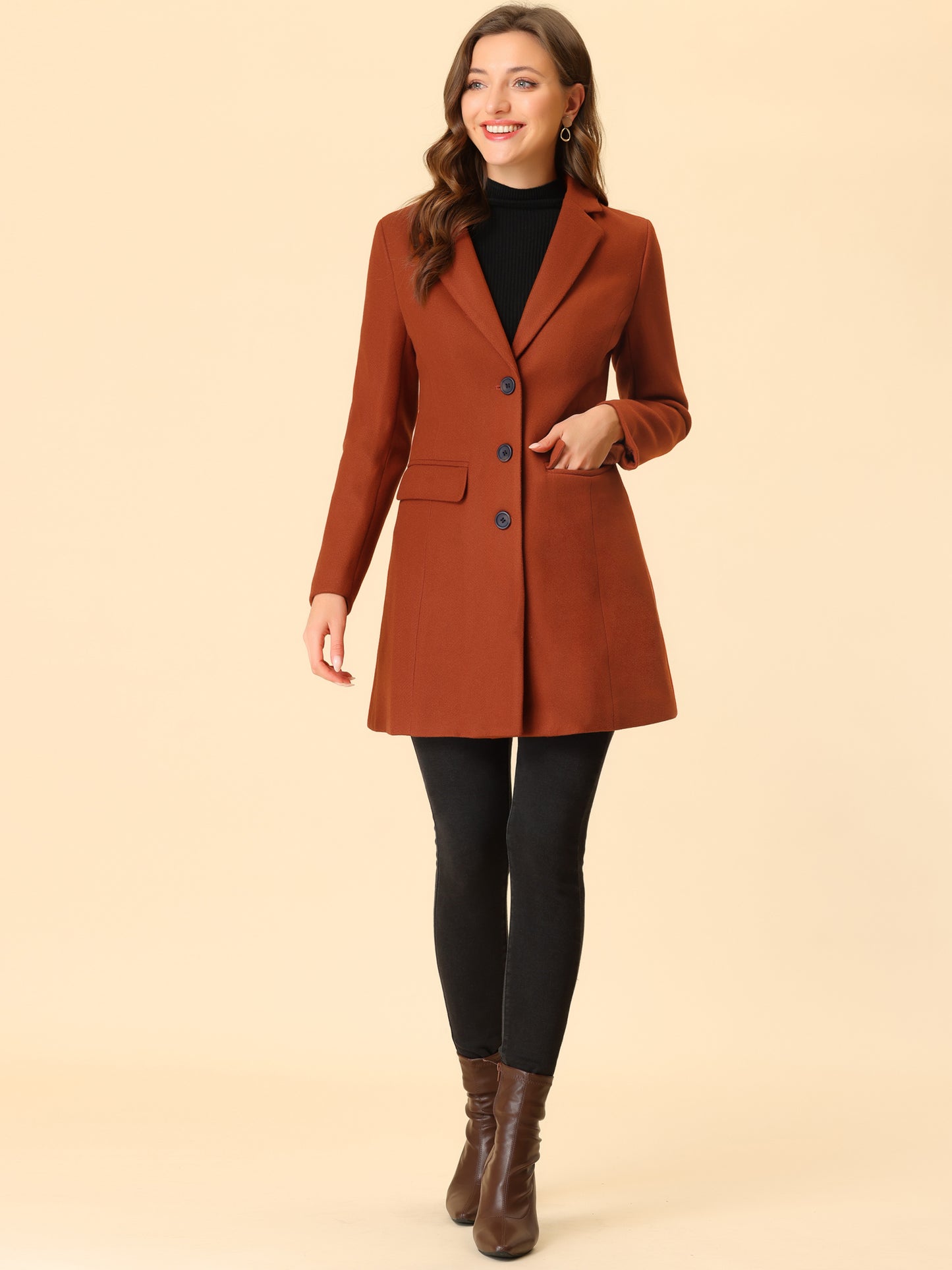Allegra K Notched Lapel Single Breasted Outwear Winter Coat Brick Red