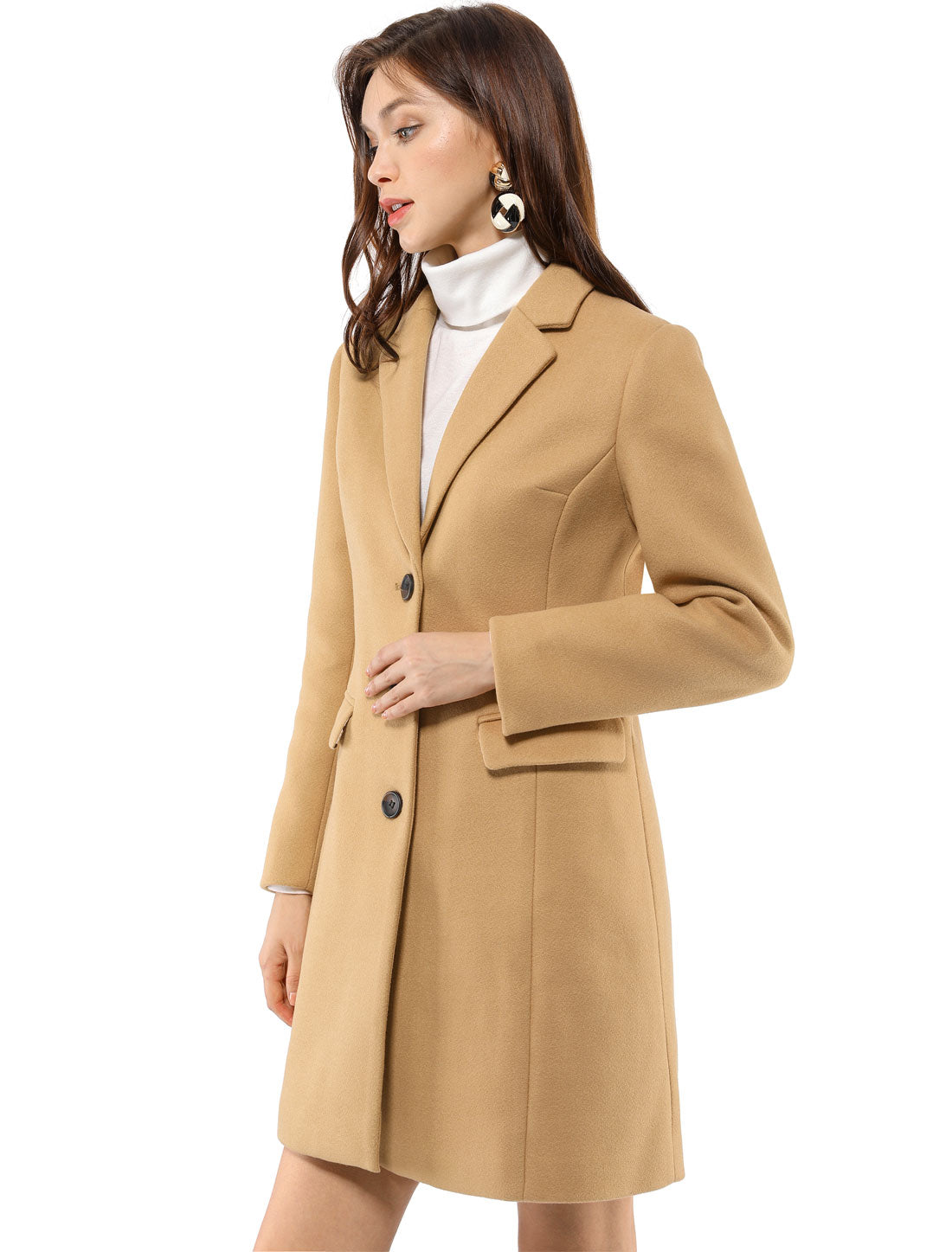 Allegra K Notched Lapel Single Breasted Outwear Winter Coat Browns