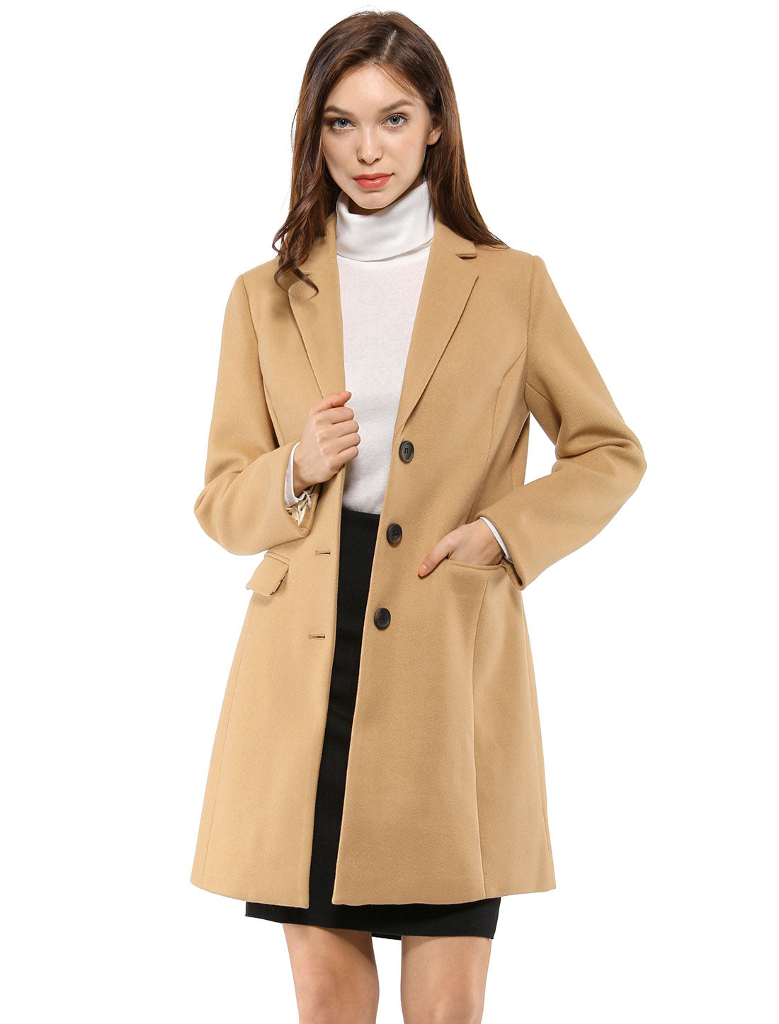 Allegra K Notched Lapel Single Breasted Outwear Winter Coat Browns