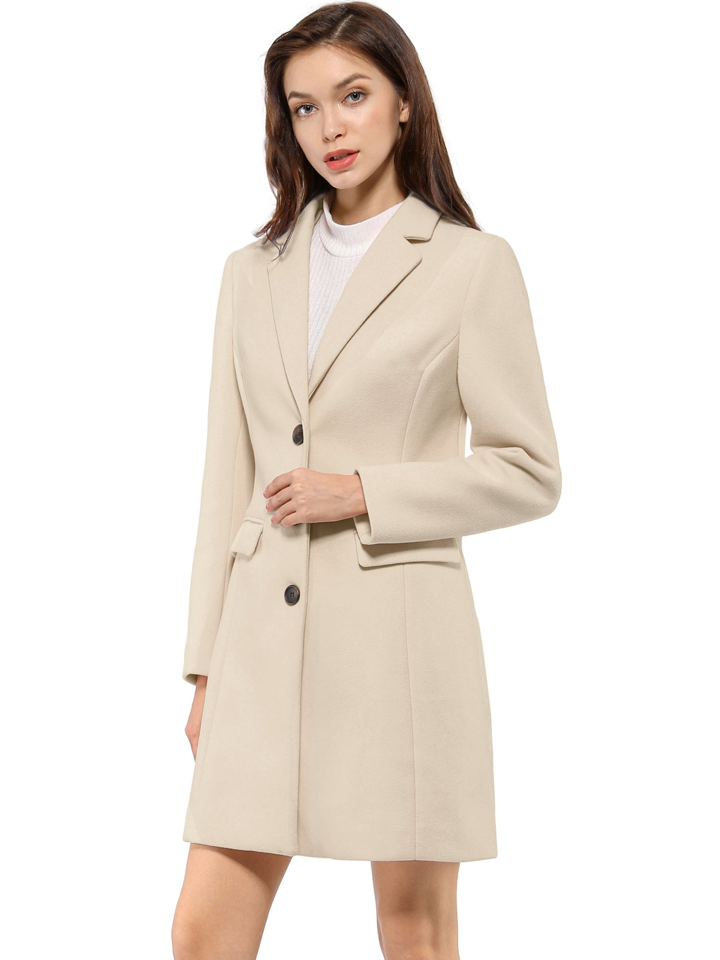 Allegra K Notched Lapel Single Breasted Outwear Winter Coat Cream White