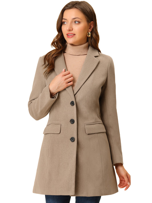 Allegra K Notched Lapel Single Breasted Outwear Winter Coat Dark Beige