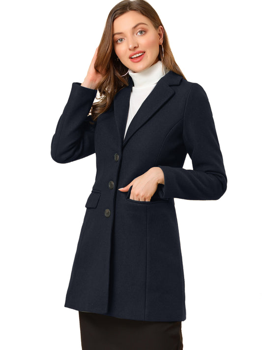 Allegra K Notched Lapel Single Breasted Outwear Winter Coat Dark Blue