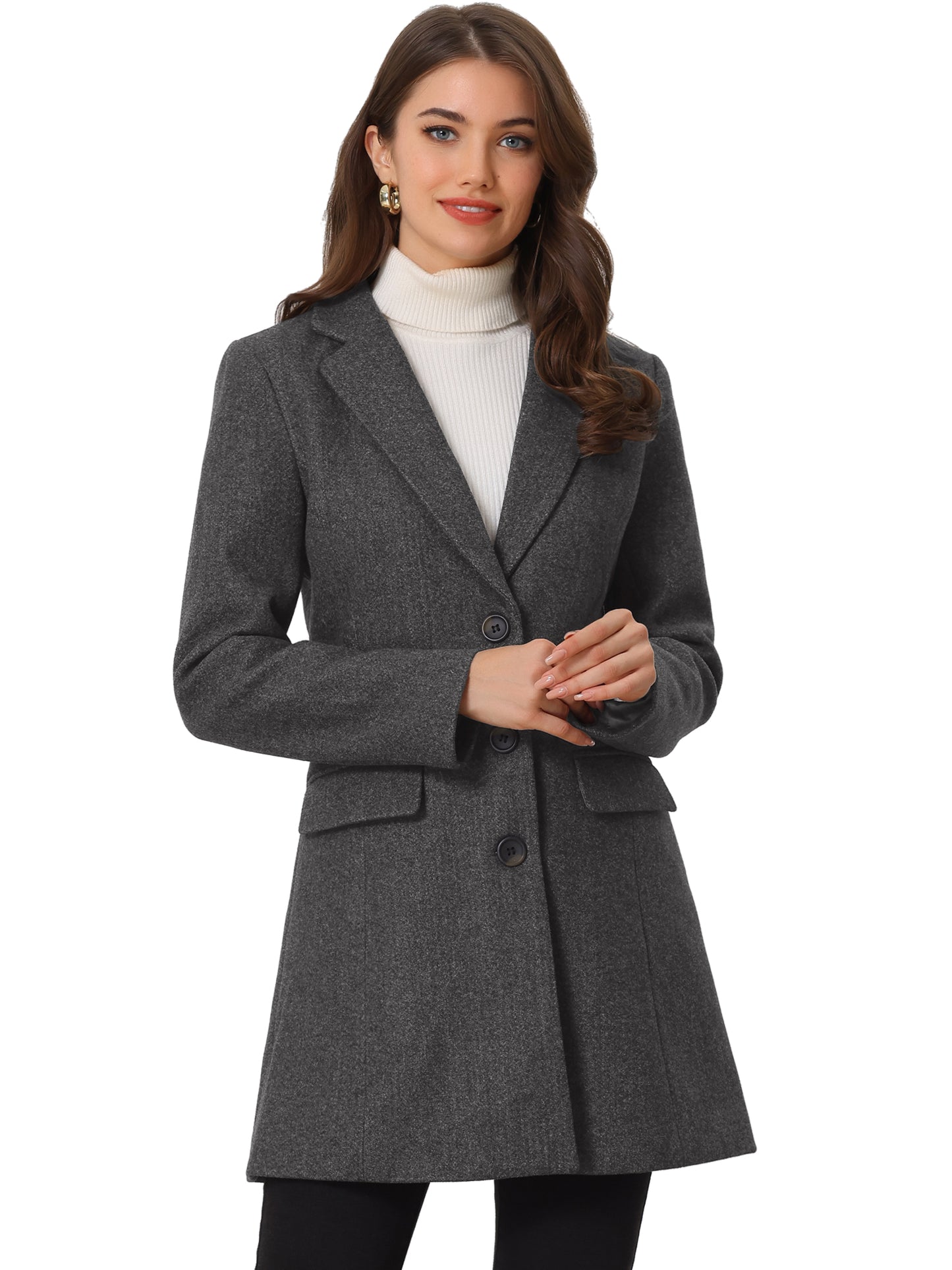 Allegra K Notched Lapel Single Breasted Outwear Winter Coat Dark Grey