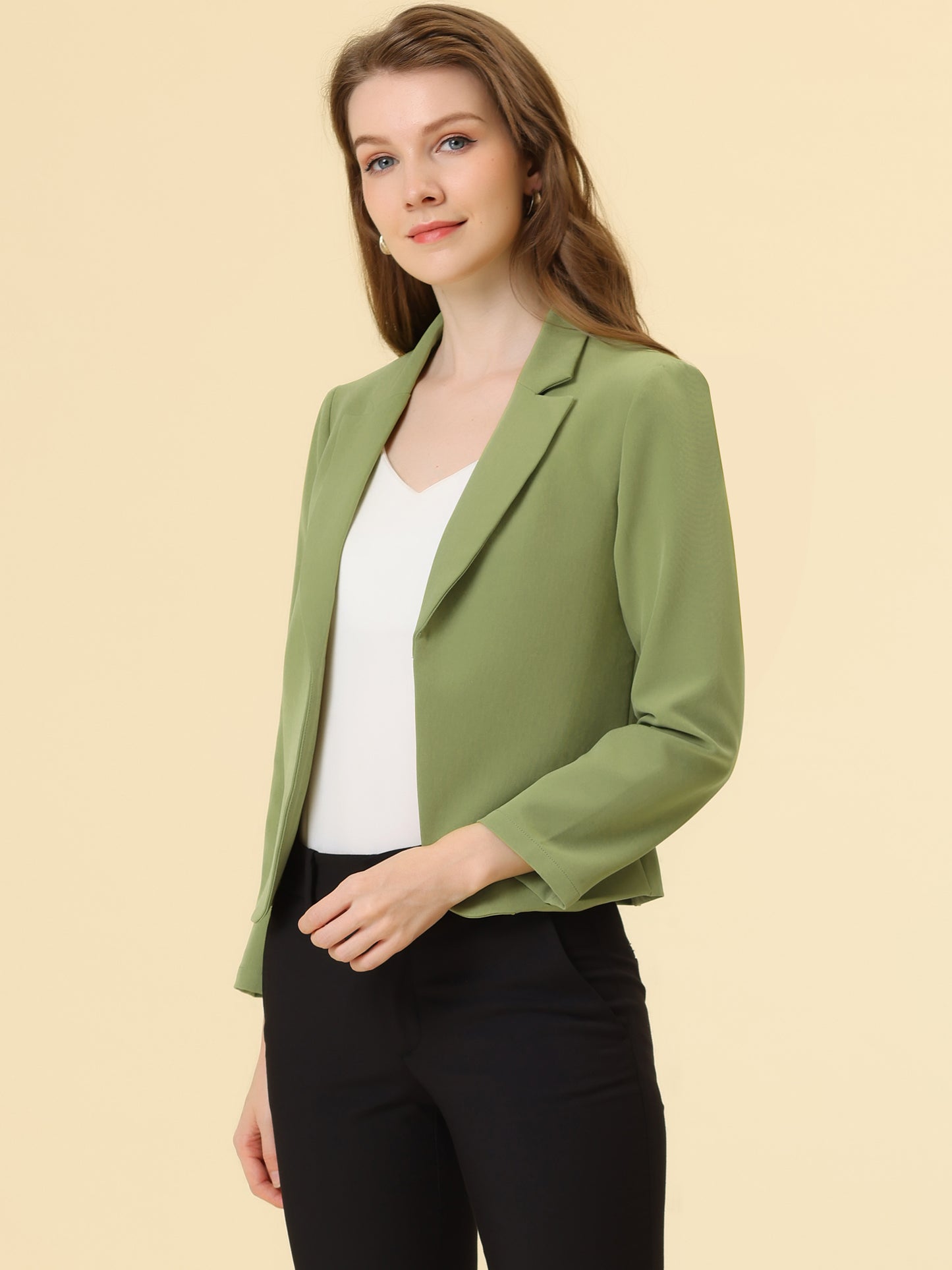 Allegra K Open Front Business Casual Workwear Crop Suit Blazer Jacket Avocado Green-Solid
