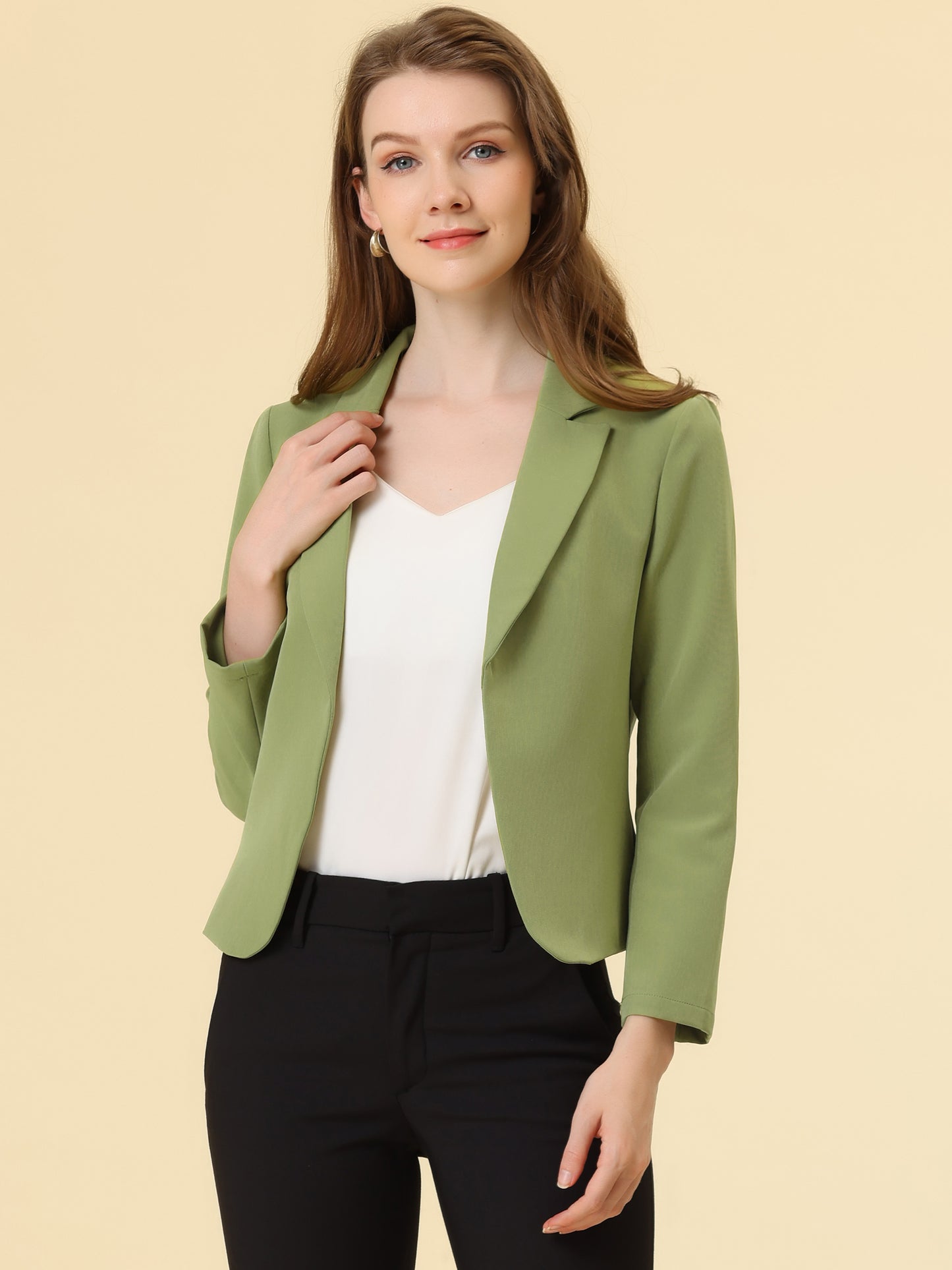 Allegra K Open Front Business Casual Workwear Crop Suit Blazer Jacket Avocado Green-Solid