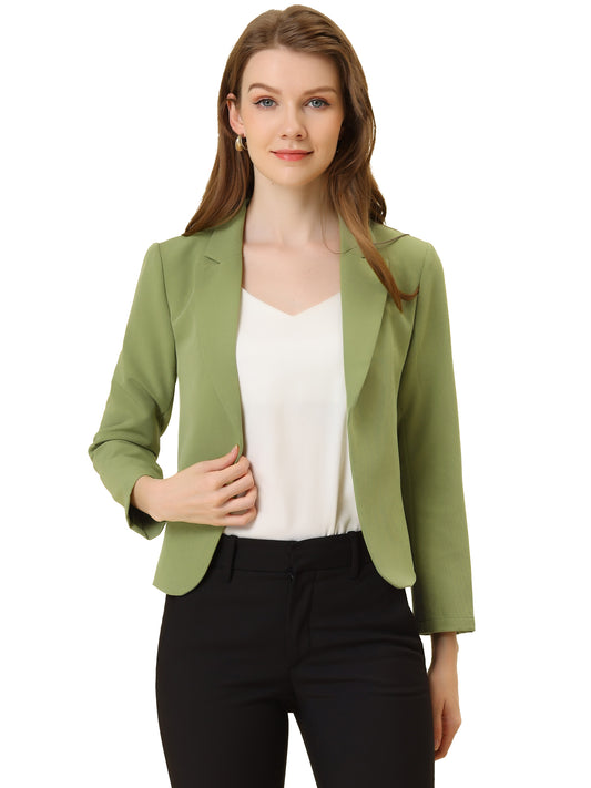 Allegra K Open Front Business Casual Workwear Crop Suit Blazer Jacket Avocado Green-Solid