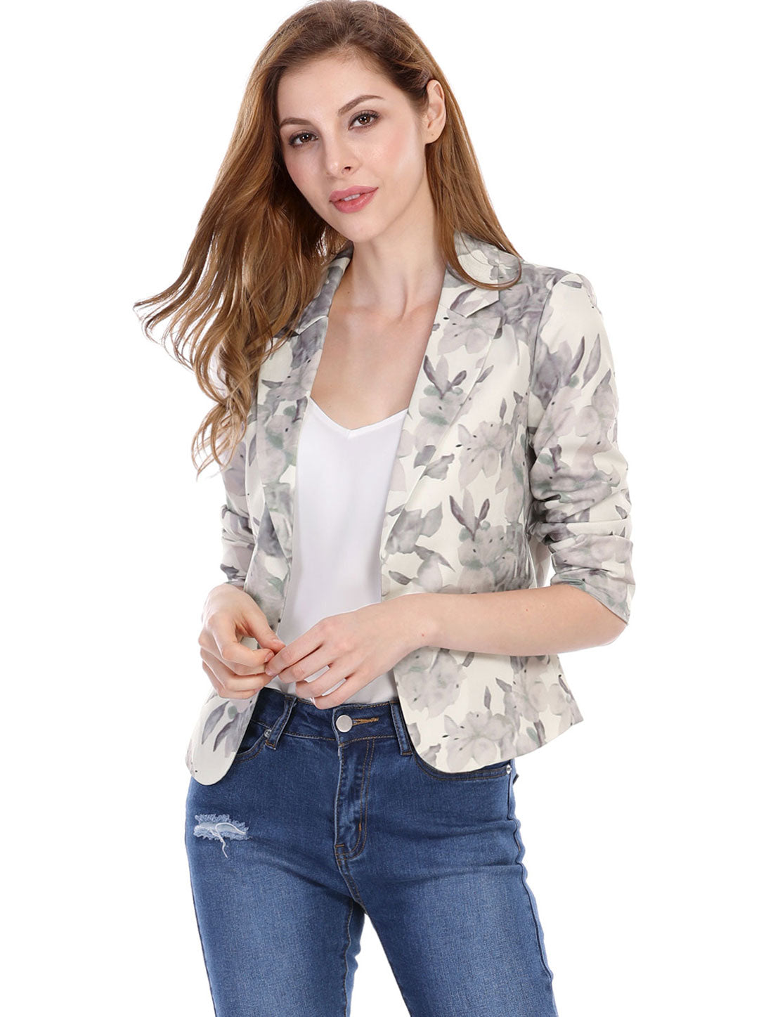 Allegra K Open Front Business Casual Workwear Crop Suit Blazer Jacket Beige-Floral