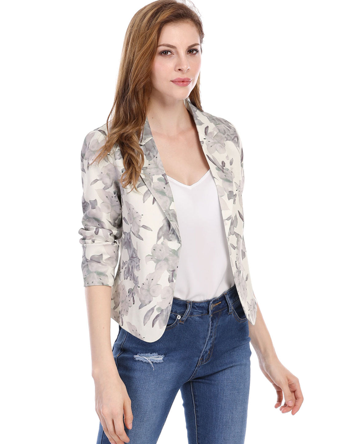 Allegra K Open Front Business Casual Workwear Crop Suit Blazer Jacket Beige-Floral