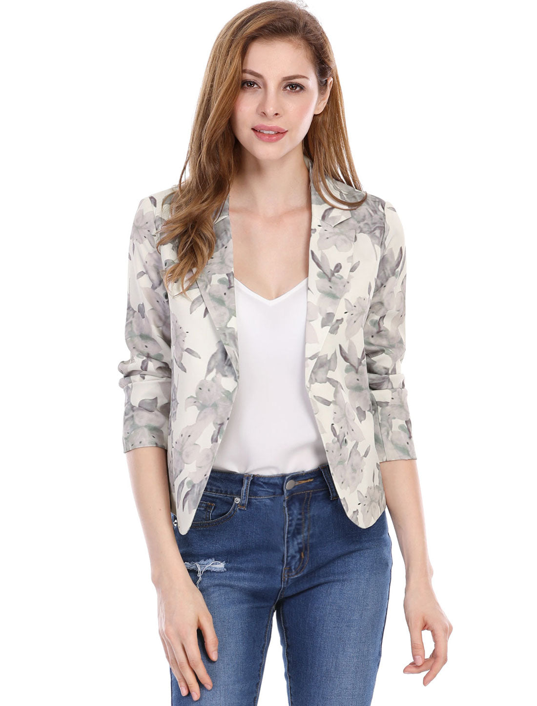Allegra K Open Front Business Casual Workwear Crop Suit Blazer Jacket Beige-Floral