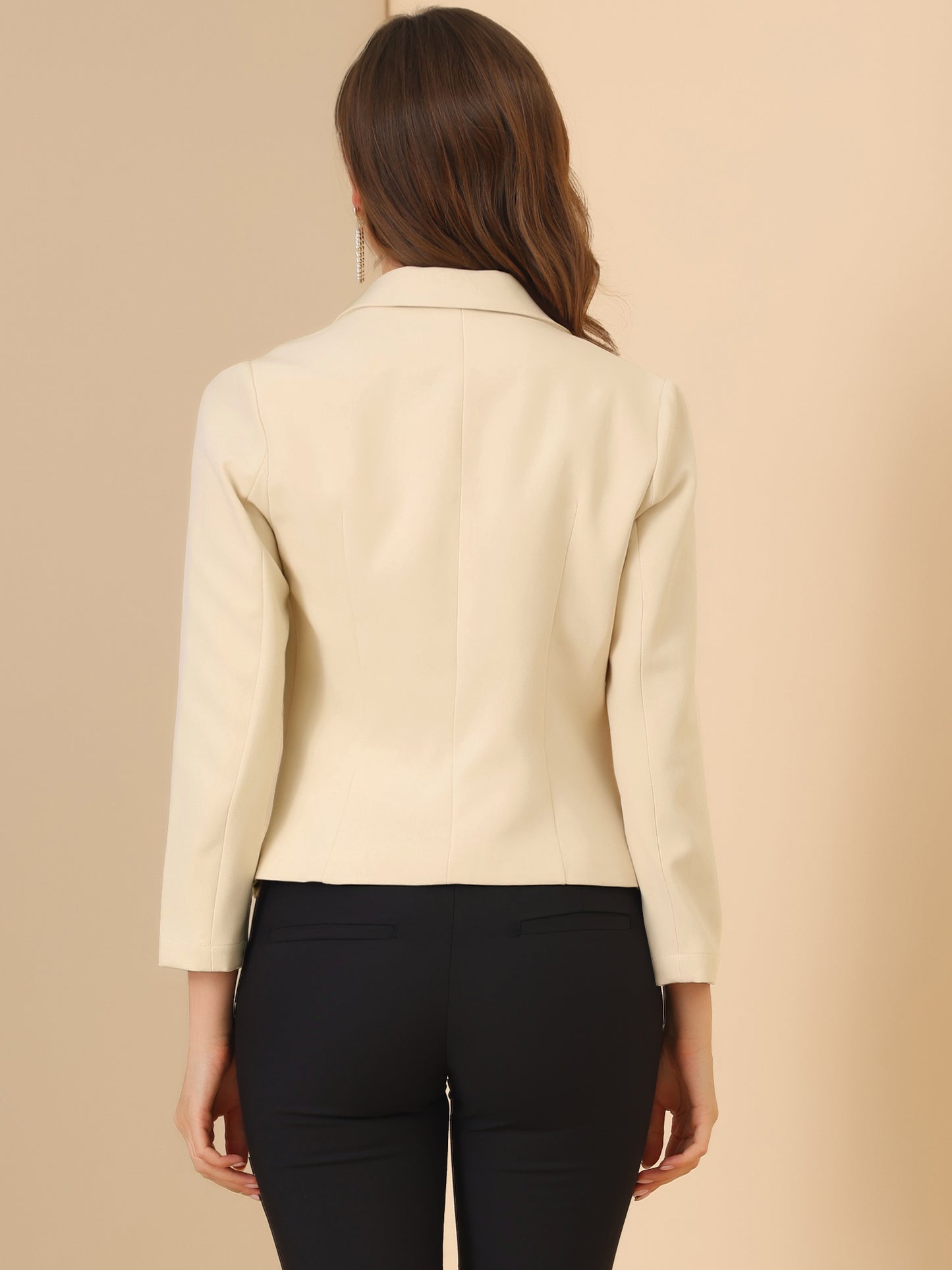 Allegra K Open Front Business Casual Workwear Crop Suit Blazer Jacket Beige-Solid