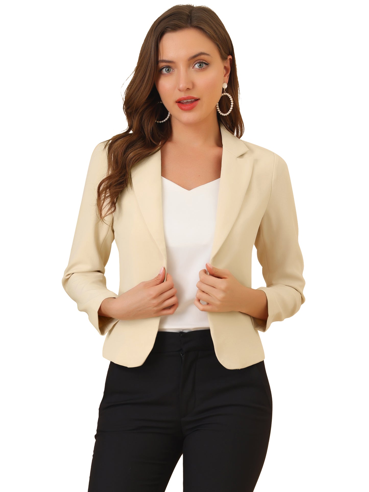 Allegra K Open Front Business Casual Workwear Crop Suit Blazer Jacket Beige-Solid
