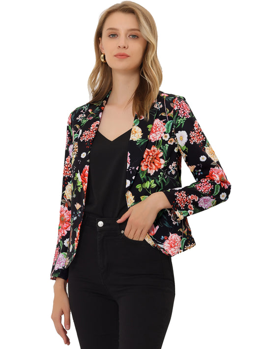 Allegra K Open Front Business Casual Workwear Crop Suit Blazer Jacket Black Red-Floral