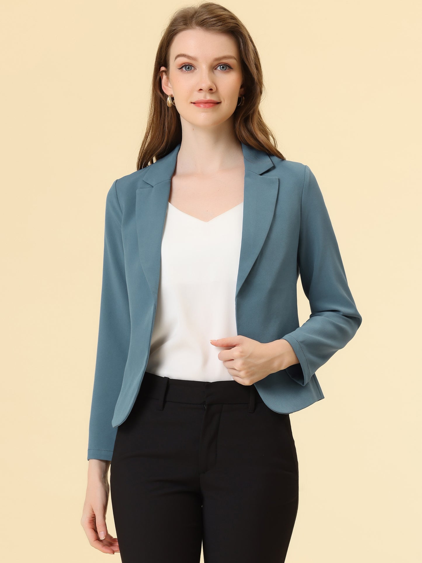 Allegra K Open Front Business Casual Workwear Crop Suit Blazer Jacket Blue Grey-Solid
