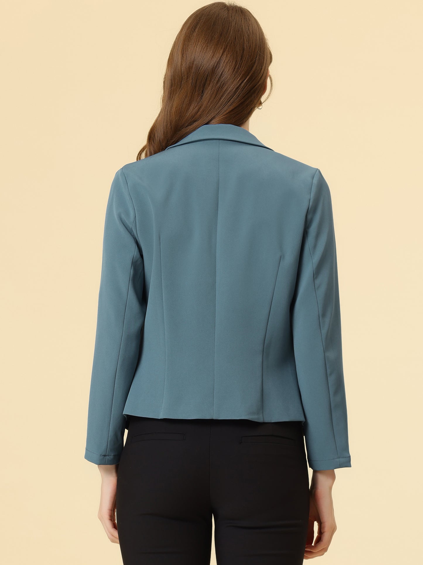 Allegra K Open Front Business Casual Workwear Crop Suit Blazer Jacket Blue Grey-Solid