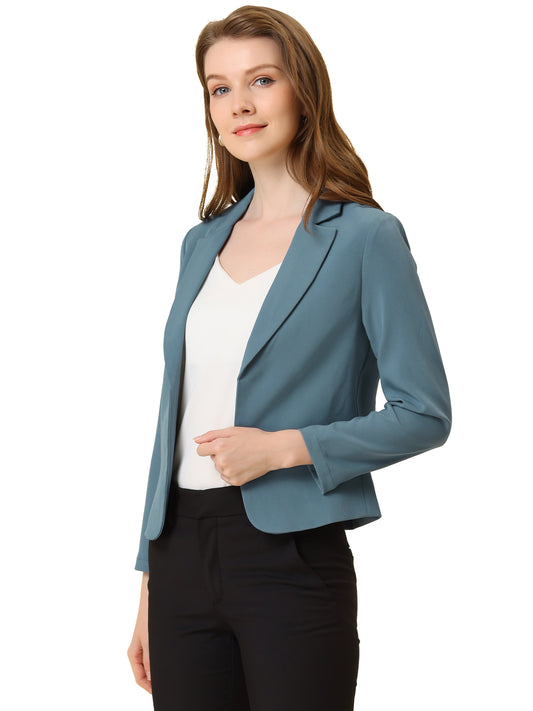 Allegra K Open Front Business Casual Workwear Crop Suit Blazer Jacket Blue Grey-Solid