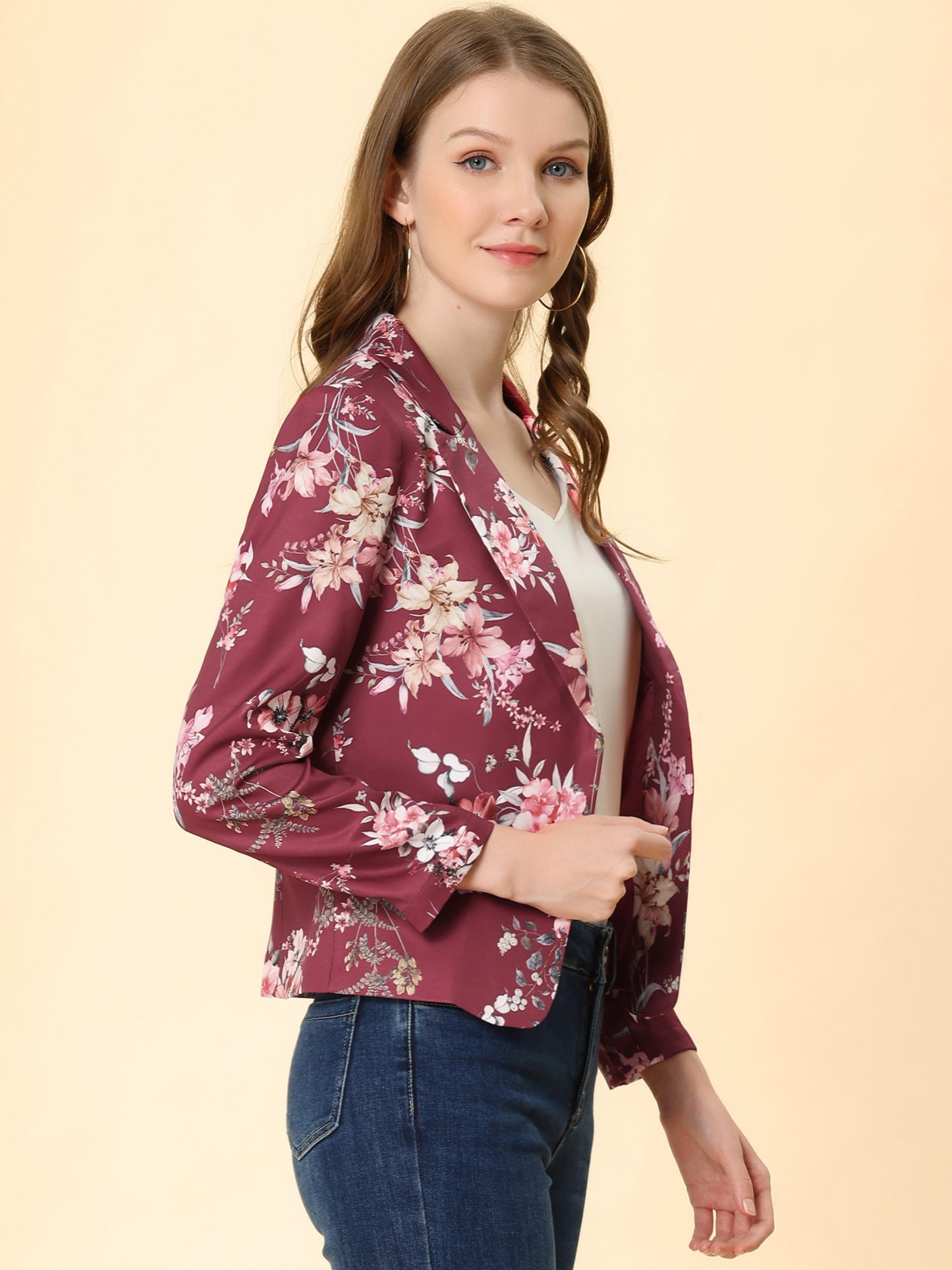 Allegra K Open Front Business Casual Workwear Crop Suit Blazer Jacket Burgundy-Floral