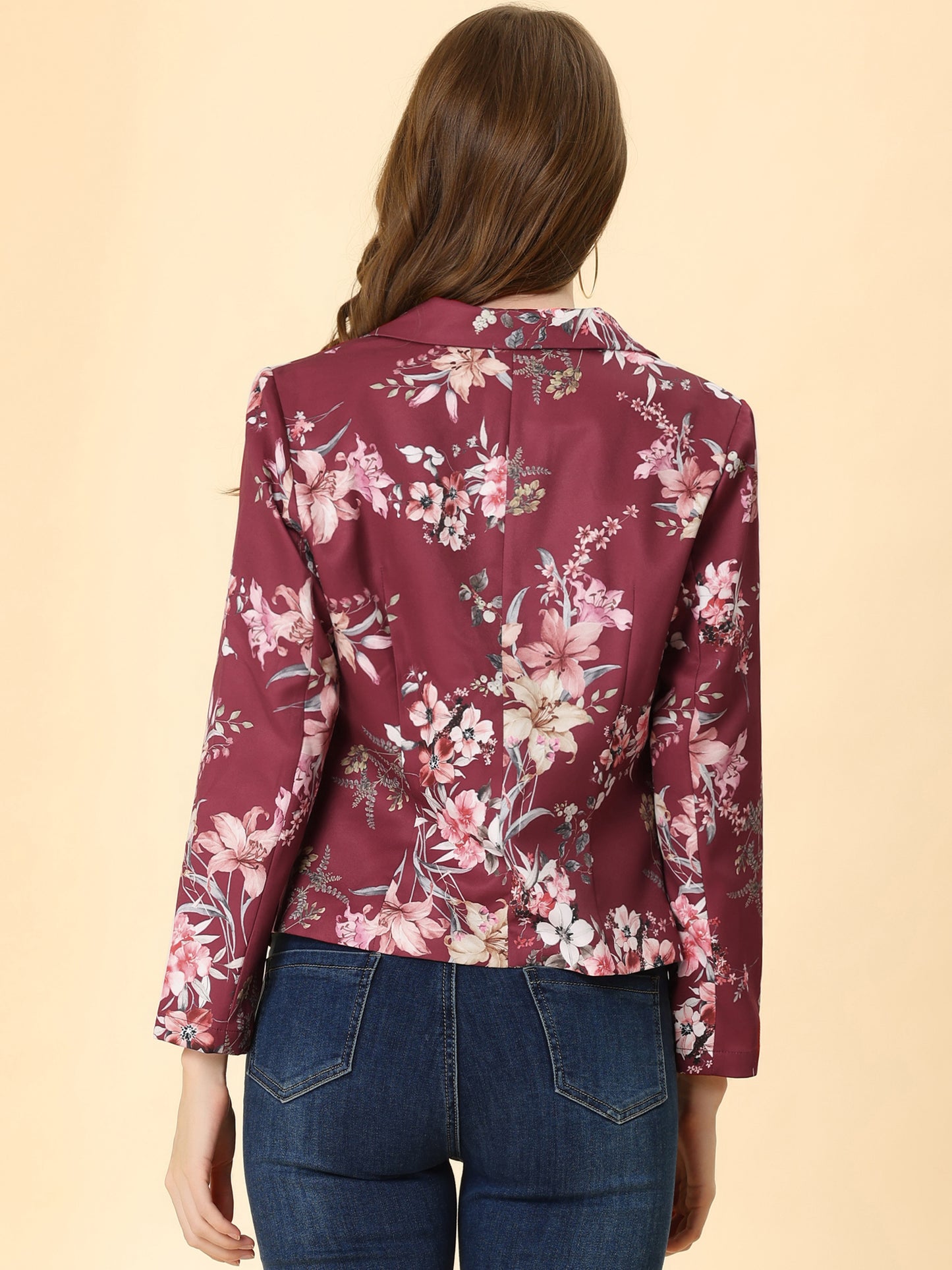 Allegra K Open Front Business Casual Workwear Crop Suit Blazer Jacket Burgundy-Floral