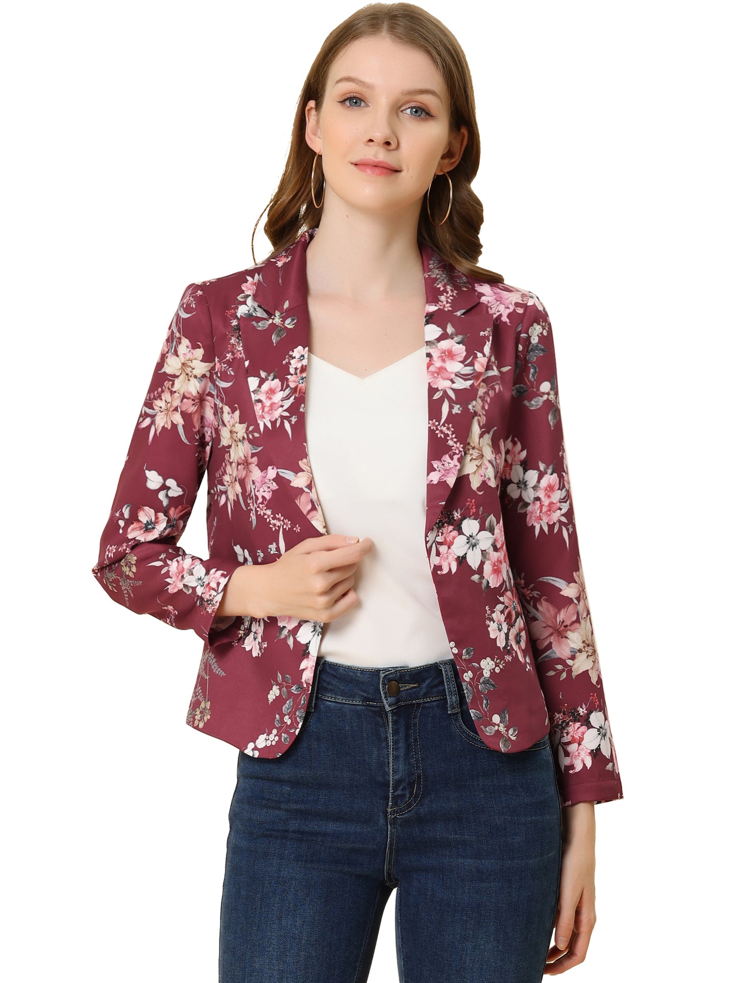 Allegra K Open Front Business Casual Workwear Crop Suit Blazer Jacket Burgundy-Floral