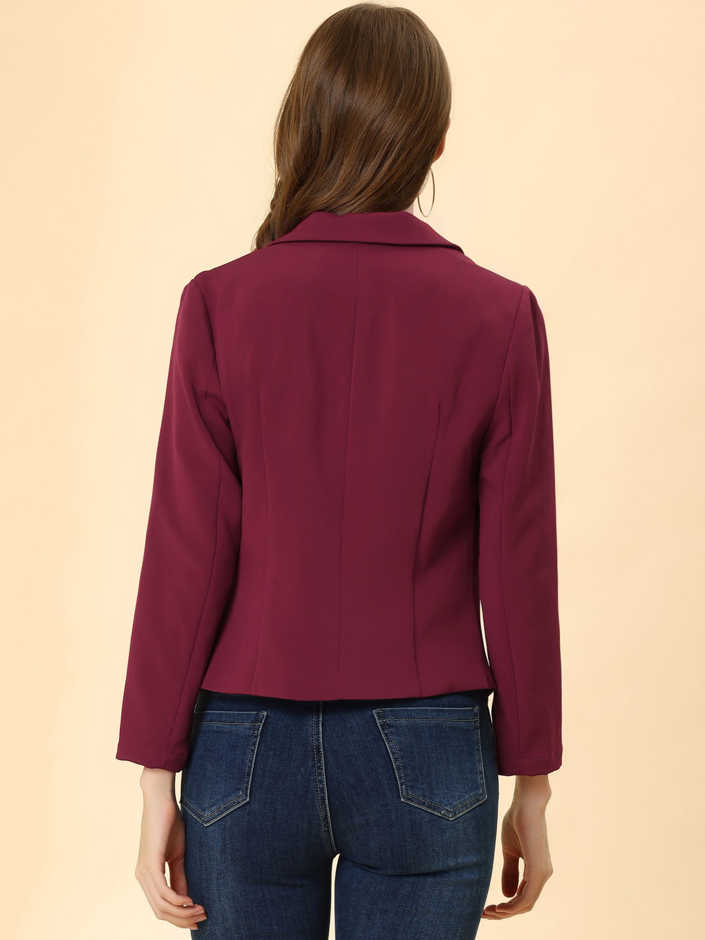 Allegra K Open Front Business Casual Workwear Crop Suit Blazer Jacket Burgundy-Solid