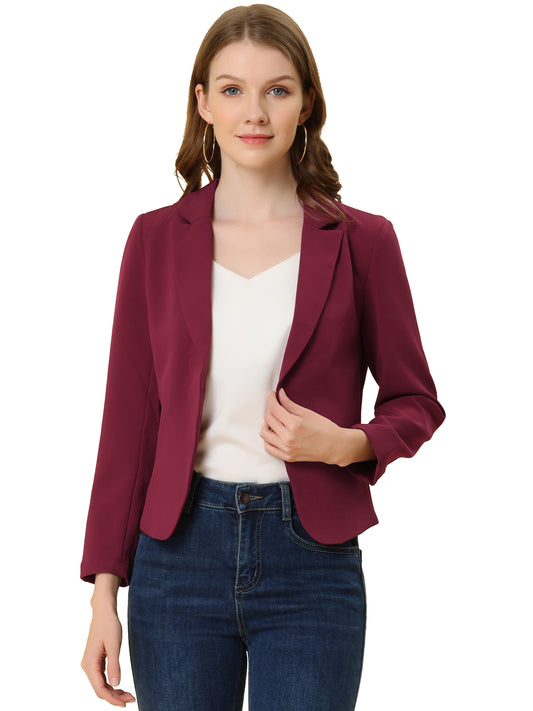 Allegra K Open Front Business Casual Workwear Crop Suit Blazer Jacket Burgundy-Solid