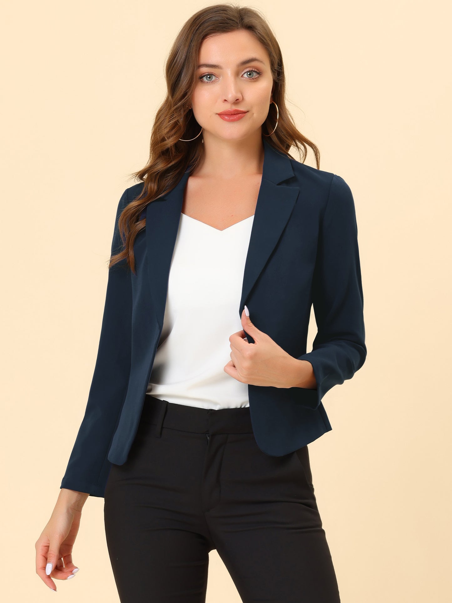 Allegra K Open Front Business Casual Workwear Crop Suit Blazer Jacket Dark Blue-Solid