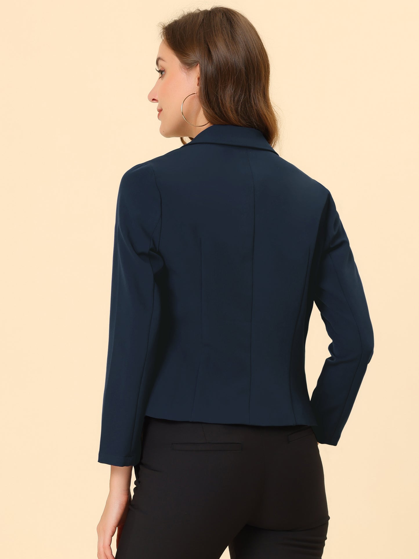 Allegra K Open Front Business Casual Workwear Crop Suit Blazer Jacket Dark Blue-Solid