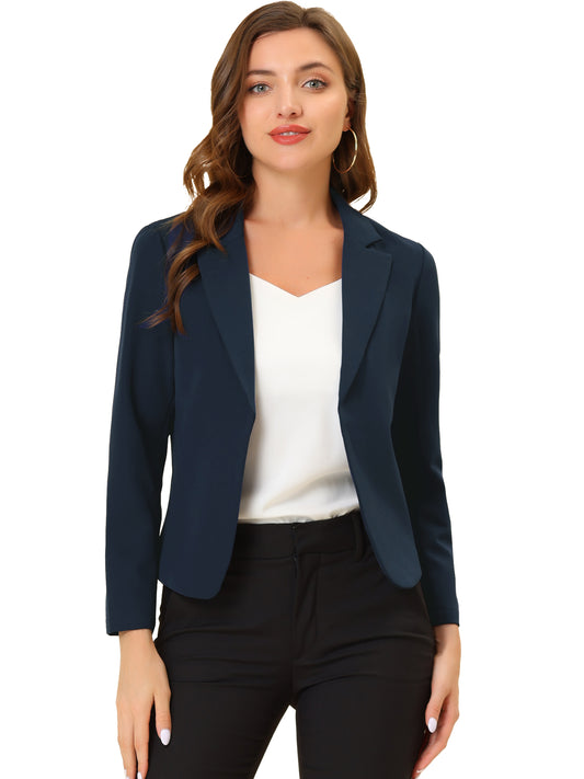 Allegra K Open Front Business Casual Workwear Crop Suit Blazer Jacket Dark Blue-Solid