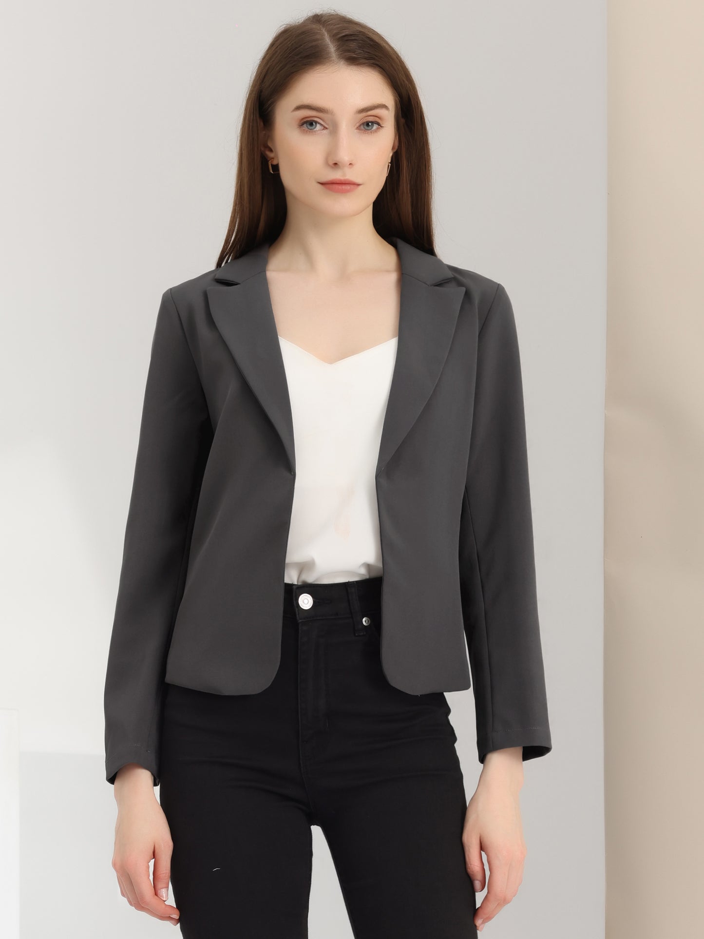 Allegra K Open Front Business Casual Workwear Crop Suit Blazer Jacket Dark Grey-Solid
