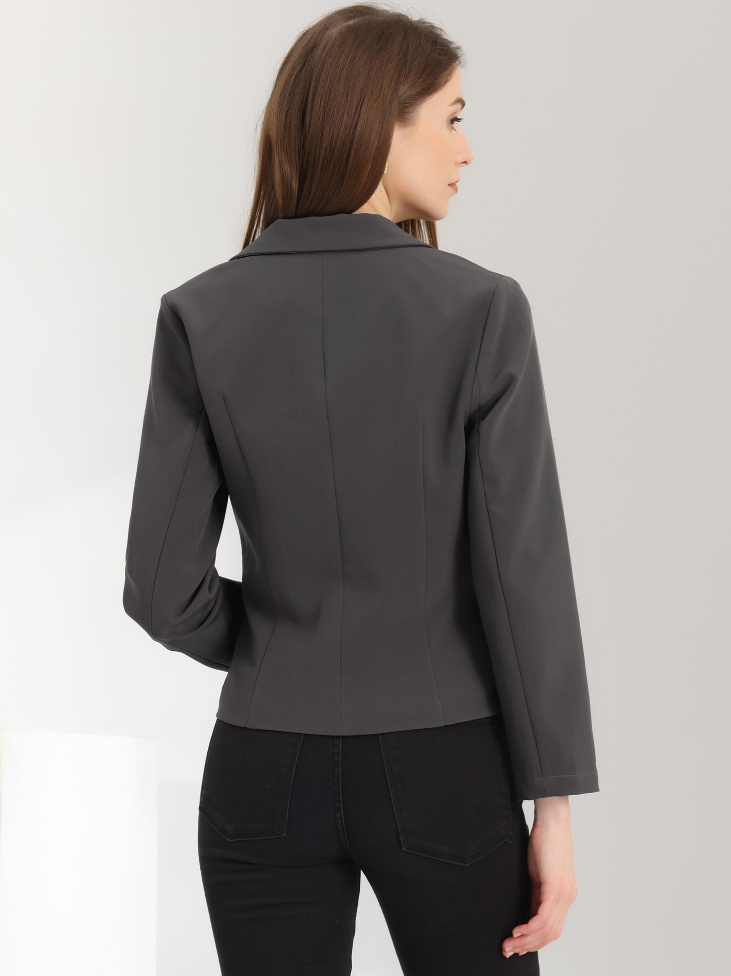 Allegra K Open Front Business Casual Workwear Crop Suit Blazer Jacket Dark Grey-Solid