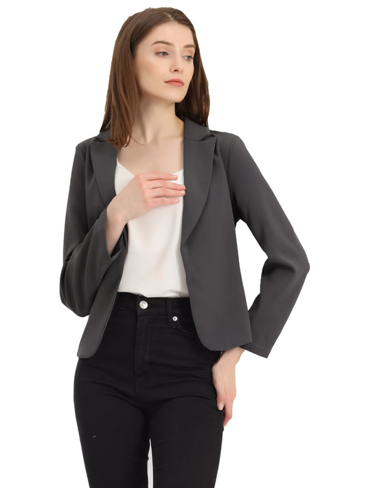 Allegra K Open Front Business Casual Workwear Crop Suit Blazer Jacket Dark Grey-Solid