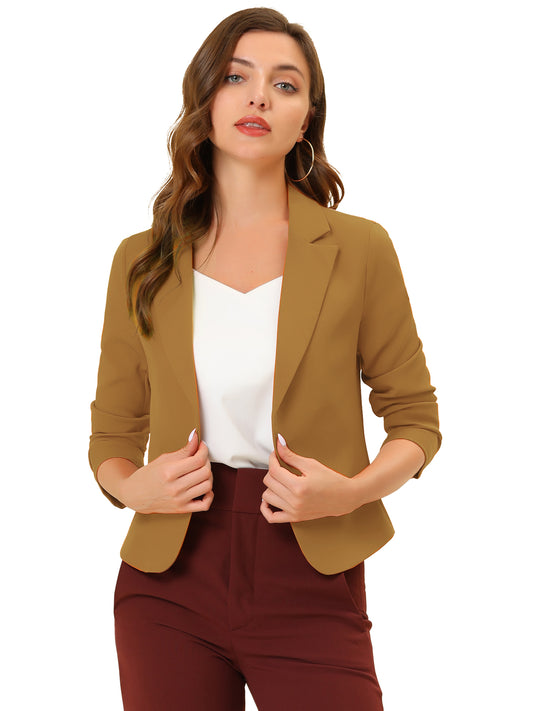 Allegra K Open Front Business Casual Workwear Crop Suit Blazer Jacket Dark Khaki-Solid