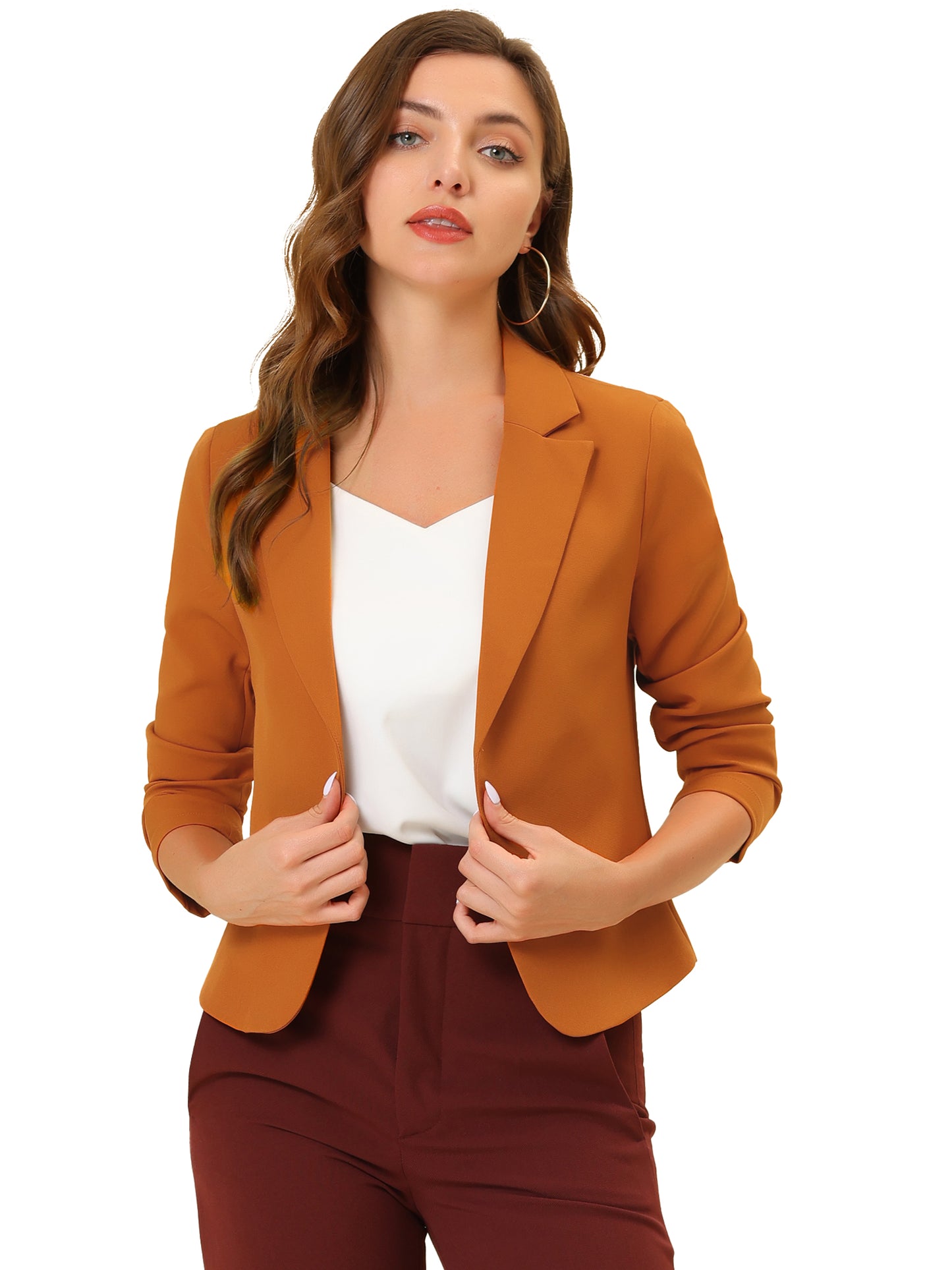 Allegra K Open Front Business Casual Workwear Crop Suit Blazer Jacket Dark Orange-Solid