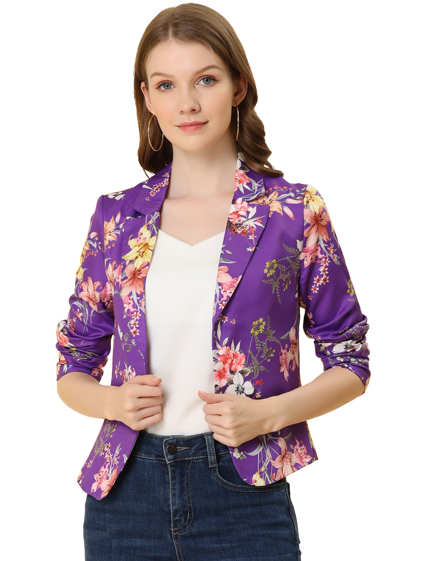 Allegra K Open Front Business Casual Workwear Crop Suit Blazer Jacket Dark Purple-Floral
