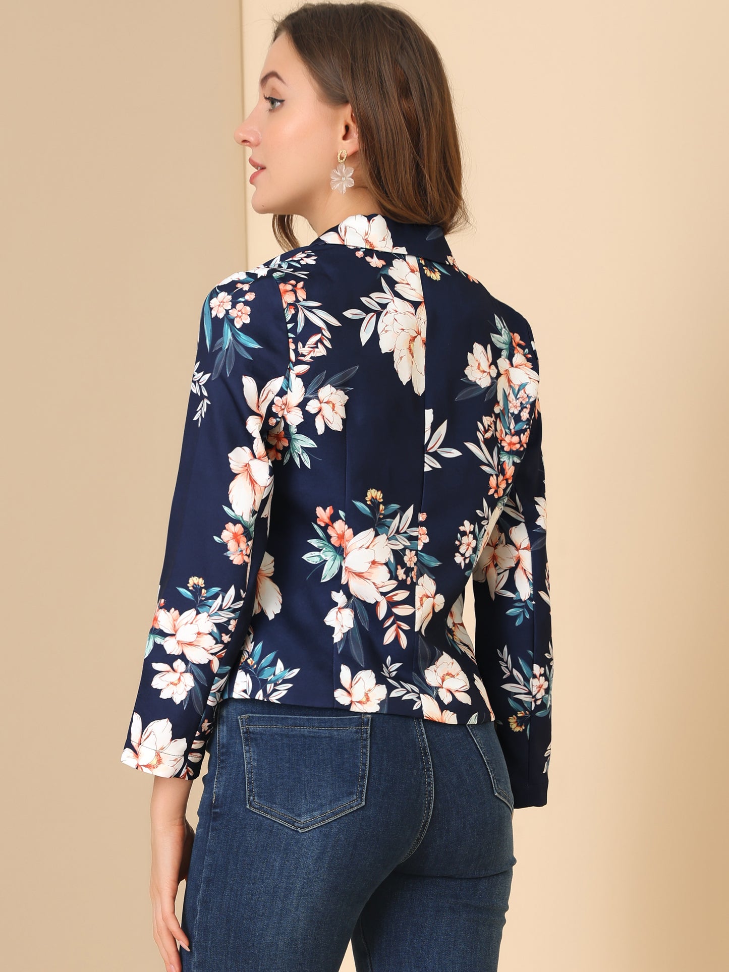 Allegra K Open Front Business Casual Workwear Crop Suit Blazer Jacket Deep Blue-Floral